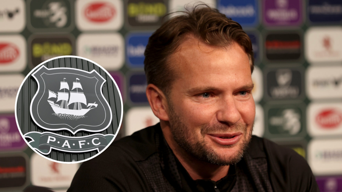 Tom Cleverley head coach of Plymouth Argyle FC during a press conference. General View of Plymouth badge.