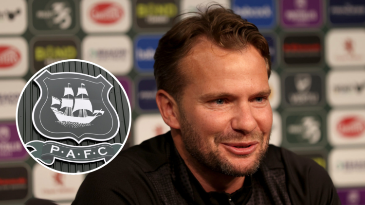Tom Cleverley head coach of Plymouth Argyle FC during a press conference. General View of Plymouth badge.
