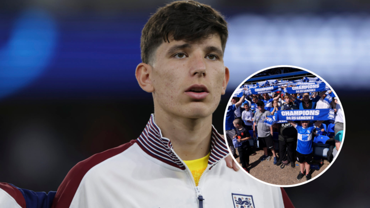 James Beadle of England looks on as he lines up on the pitch for the national anthem prior to the UEFA European Under-21 Championship 2025 Final ma...