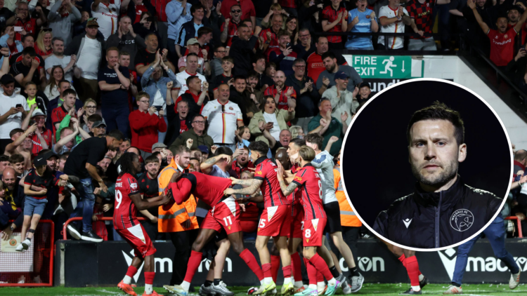 Levi Amantchi of Walsall celebrates scoring his team's second goal with team mates during the Sky Bet League Two Play Off Semi Final Second Leg mat...