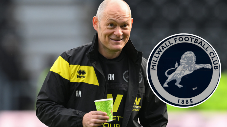 Alex Neil manages Millwall during the Sky Bet Championship match between Derby County and Millwall at Pride Park. Inset, Official Millwall club bad...