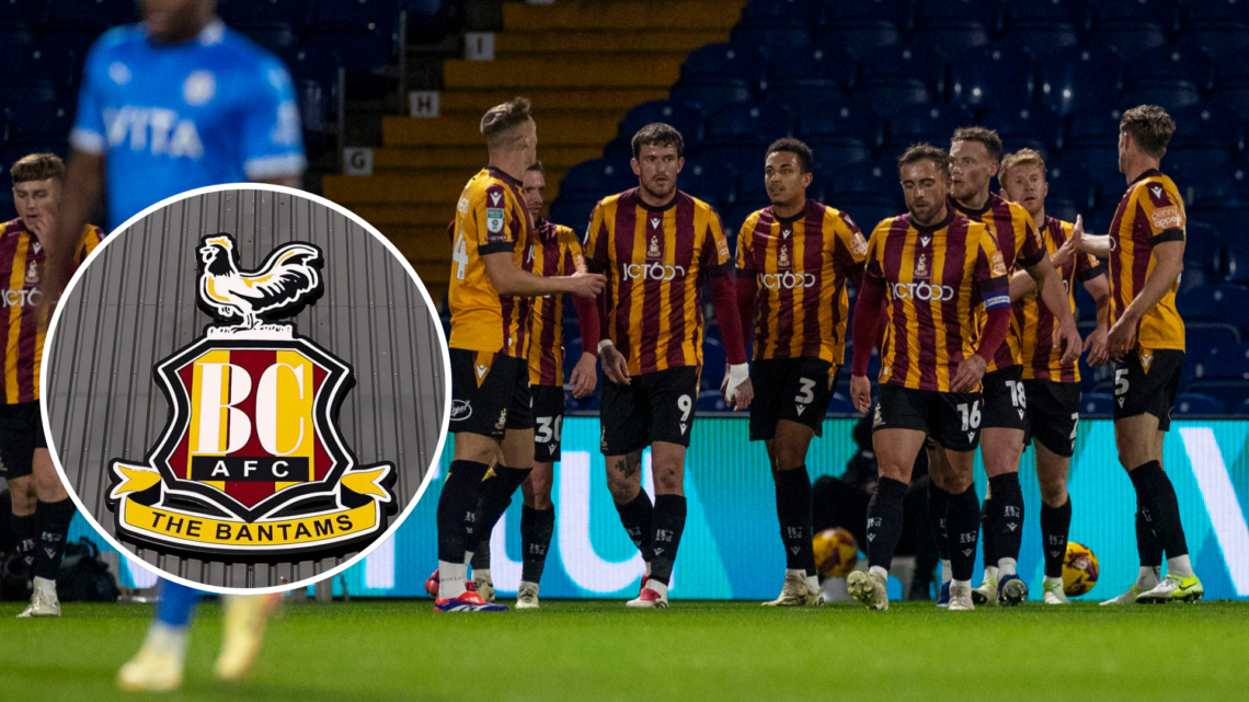 Bradford City AFC celebrates as Andy Cook #9 of Bradford City AFC scores a goal during the EFL Trophy Second Round. Inset, Detail of the Bradford C...