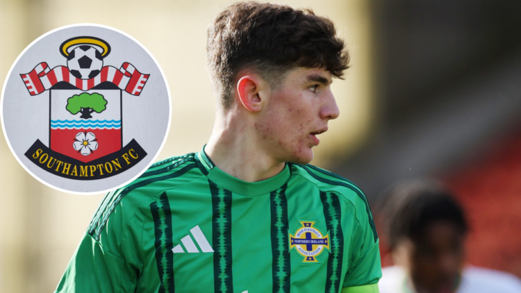 Calum Anderson of Northern Ireland looks on during the U16 Victory Shield match between Northern Ireland and Republic of Ireland. Inset, The offici...
