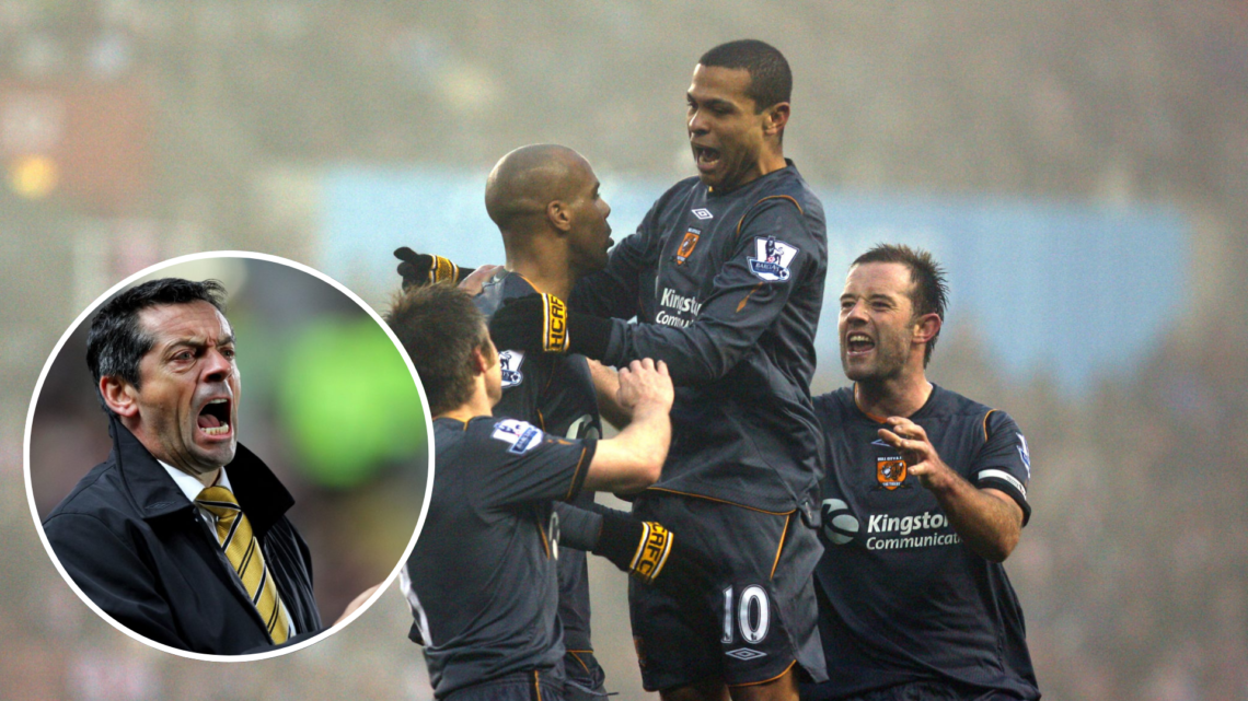 Geovanni of Hull City jumps on Marlon King of Hull City in celebration after King scores. Inset, Phil Brown, Hull City Manager shouting during the ...