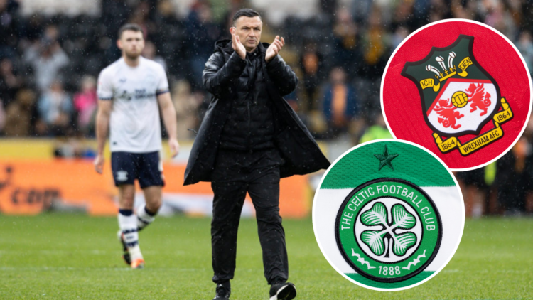 Preston North End's manager Paul Heckingbottom applauds his side's travelling supporters at the end of the match. Inset 1, The official club badge ...