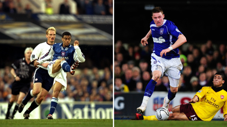 Left, Kieron Dyer of Ipswich Town in action against Per Frandsen of Bolton Wanderers during the Nationwide Division One Semi-Final Play-Off. Right,...