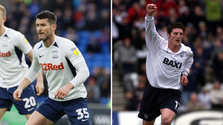 Left, Jayden Stockley and David Nugent of Preston North End in action during the Sky Bet Championship match between Cardiff City and Preston North ...