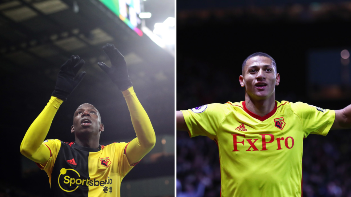 Left, Abdoulaye Doucoure of Watford during the Premier League match between Watford FC and Liverpool FC. Right, Richarlison de Andrade of Watford c...