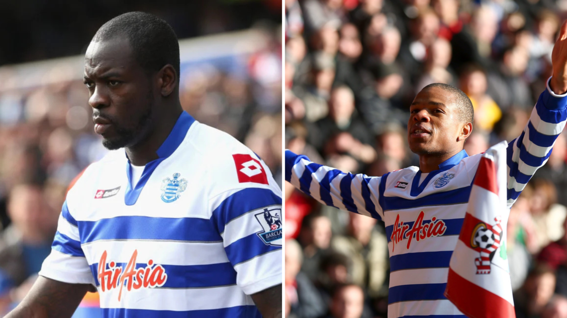 Left, Christopher Samba of Queens Park Rangers walks onto the pitch ahead of the Barclays Premier League match between Queens Park Rangers and Wiga...