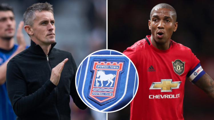 Kieran McKenna, Ipswich Town manager. Ipswich Town badge. Ashley Young, when he played for Manchester United.