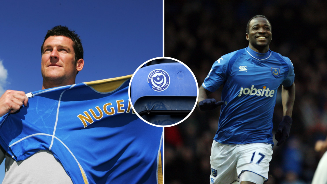 Left, David Nugent poses with the Portsmouth shirt after a press conference at Fratton Park on July 11, 2007 in Portsmouth. Right, John Utaka of Po...