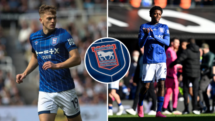 Left, Liam Delap of Ipswich Town plays during the Premier League match between Newcastle United and Ipswich Town at St. James's Park in Newcastle. ...