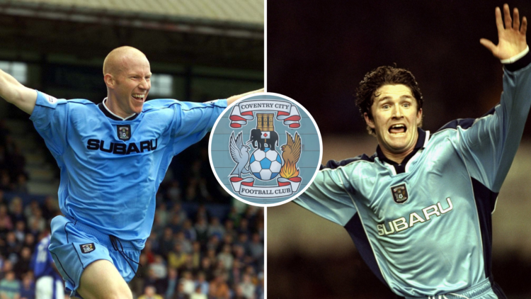 Left, Lee Hughes of Coventry celebrates his goal during the Nationwide First Division match between Stockport County and Coventry City. Right, Robb...