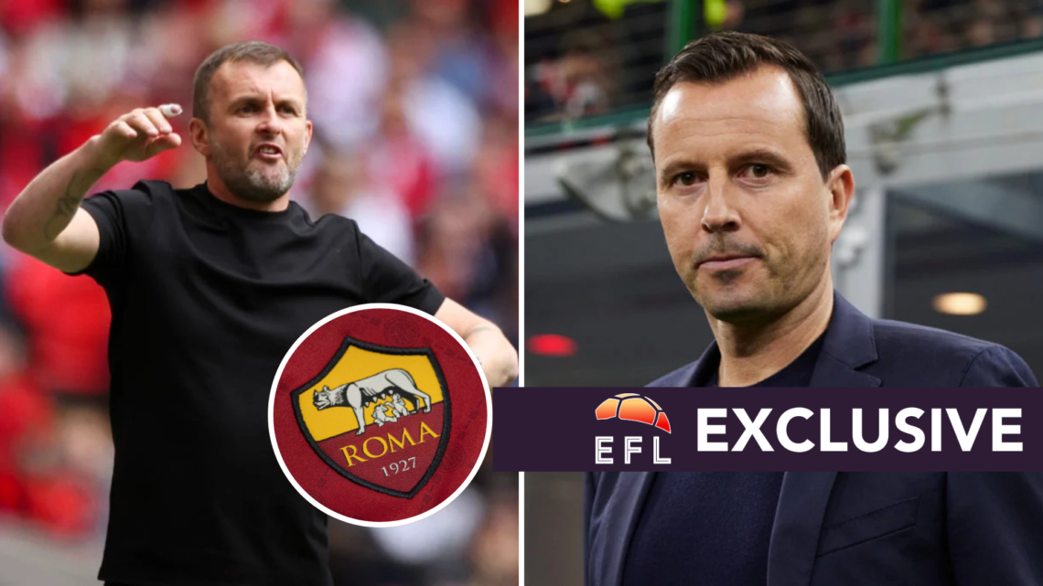 Left, Nathan Jones, manager of Charlton Athletic, gestures on the touchline during the Sky Bet League 1 Play Off Final match between Charlton Athle...