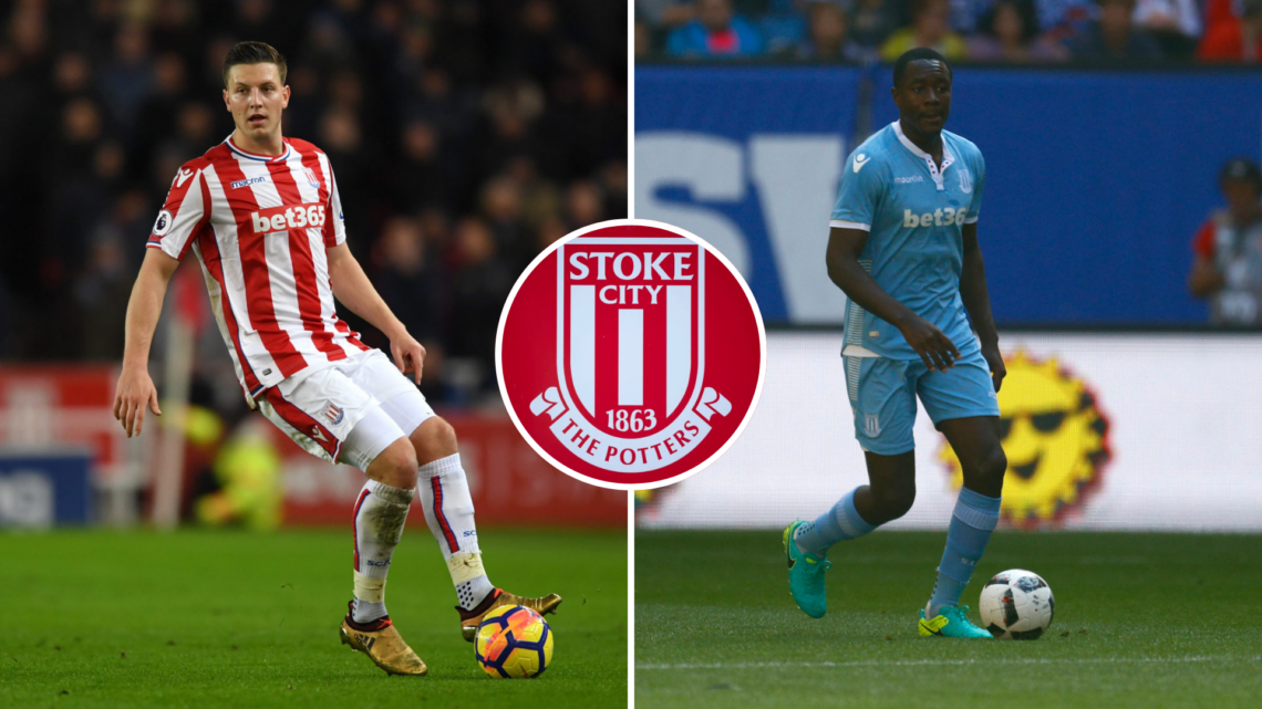 Left, Kevin Wimmer of Stoke City during the Premier League match between Stoke City and West Ham United at Bet365 Stadium. Right, Gianelli Imbula o...