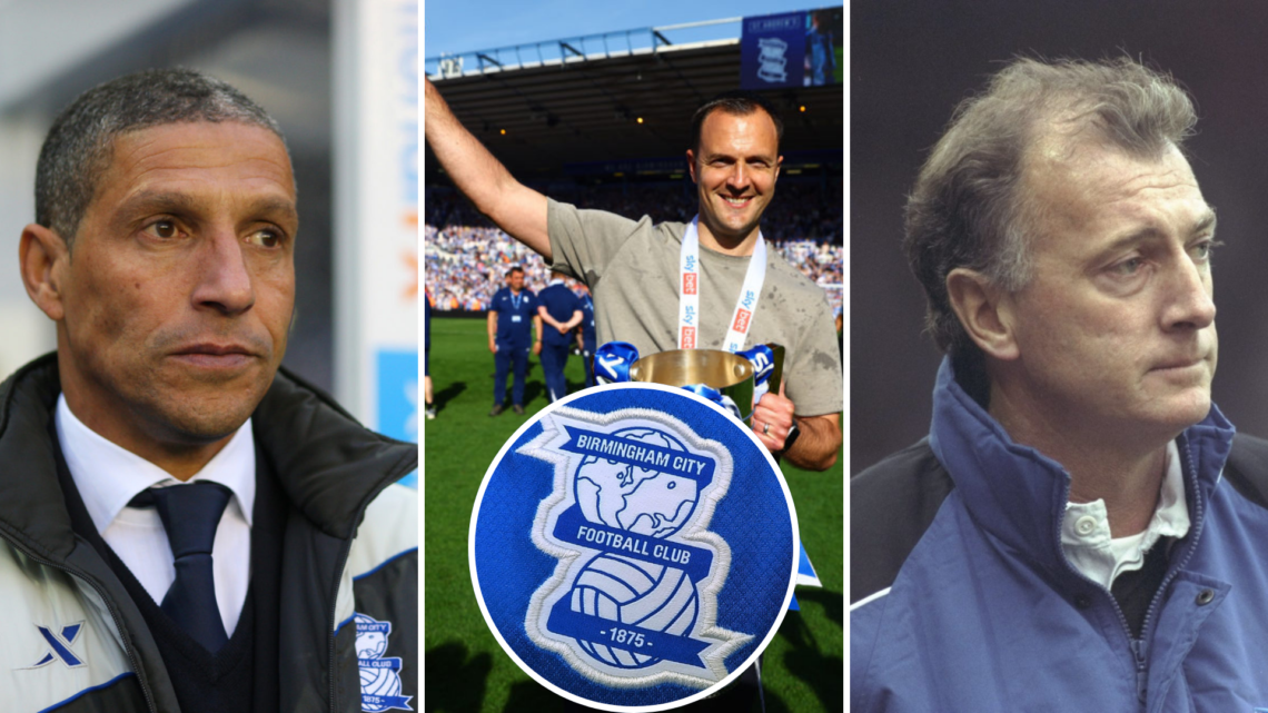 Left, Chris Hughton manager of Birmingham City. Middle, Chris Davies, Manager of Birmingham City, celebrates with the EFL Sky Bet League One Trophy...