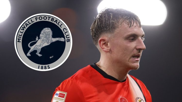 Alfie Doughty of Luton Town during the Sky Bet Championship match between Luton Town FC and Cardiff City FC. Inset, Millwall FC badge