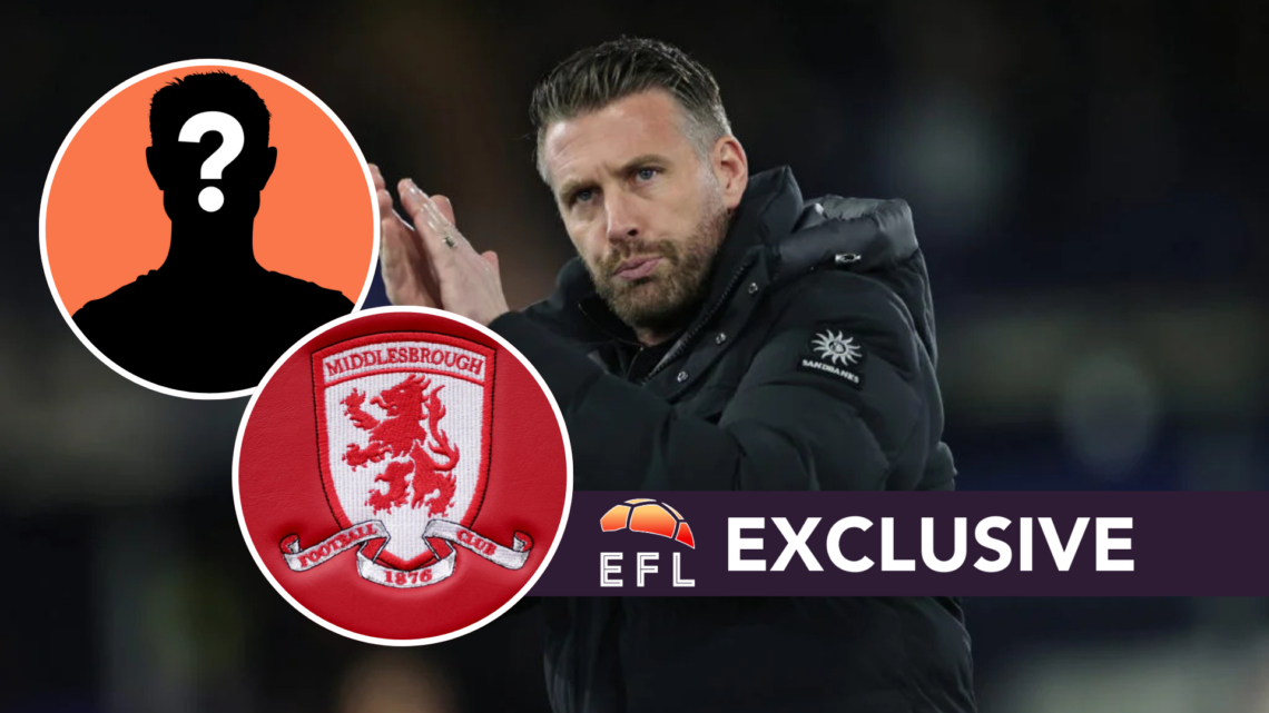 Middlesbrough FC manager Rob Edwards applauds Luton Town FC fans. Inset, the Middlesbrough FC badge and a mystery player. Overlaid, the EFL Analysi...