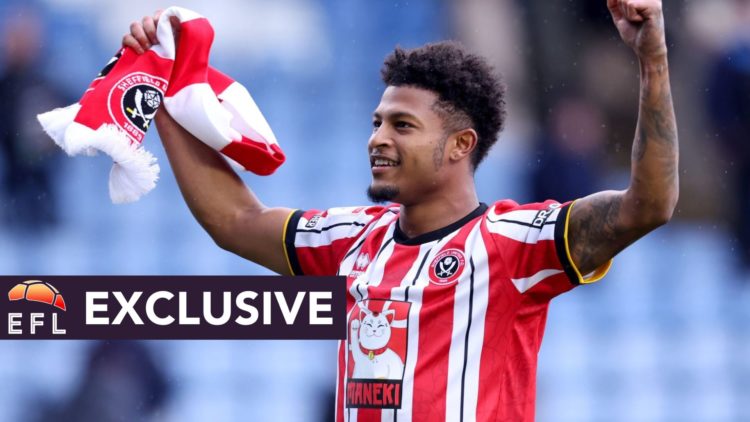 Rhian Brewster of Sheffield United celebrates after scoring his side's first goal. Inset: EFL Analysis exclusive banner.