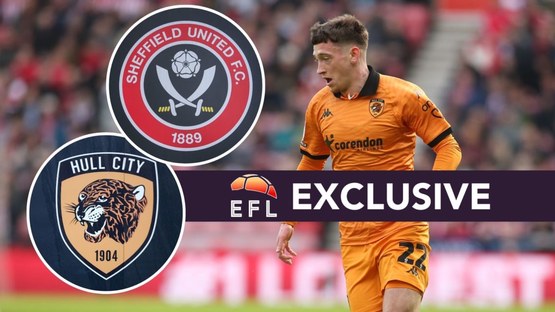 An image of Louie Barry with an inset of the Hull City badge, Sheffield United badge and exclusive banner