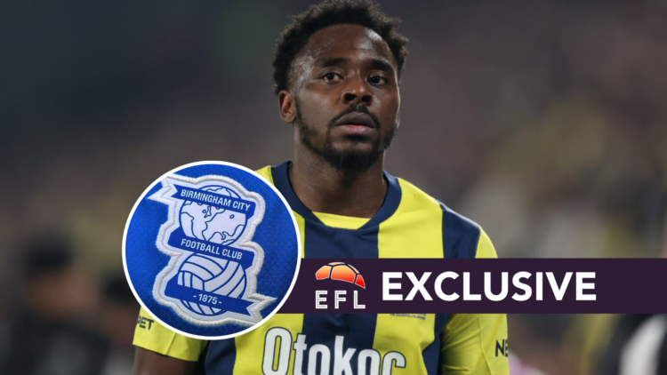 Bright Osayi-Samuel of Fenerbahce in action against Besiktas in the Turkish Super League clash. Overlaid, the Birmingham City FC badge and the EFL ...
