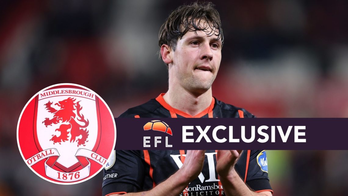 An image of Callum Brittain with an inset of the Middlesbrough badge and exclusive banner.