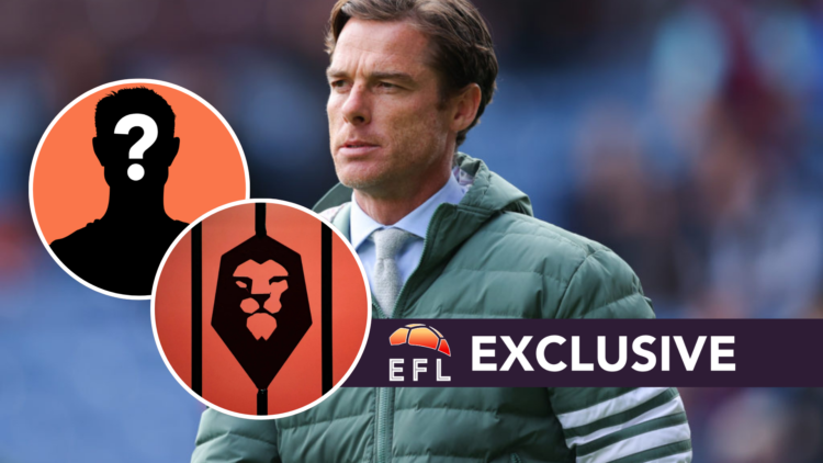 Burnley FC manager Scott Parker during a Sky Bet Championship game. Overlaid, the Salford City FC badge, a mystery player and the EFL Analysis excl...