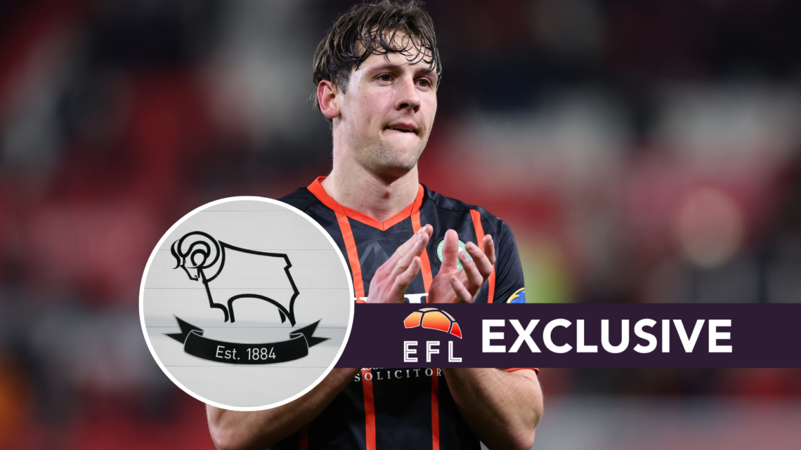 Blackburn Rovers star Callum Brittain. Inset, Derby County badge. Overlaid, exclusive branding.