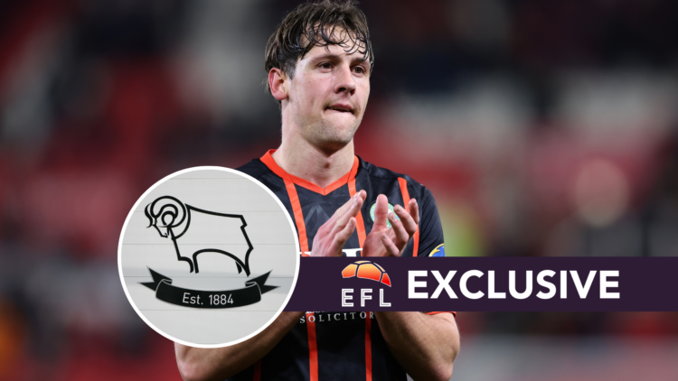 Blackburn Rovers star Callum Brittain. Inset, Derby County badge. Overlaid, exclusive branding.