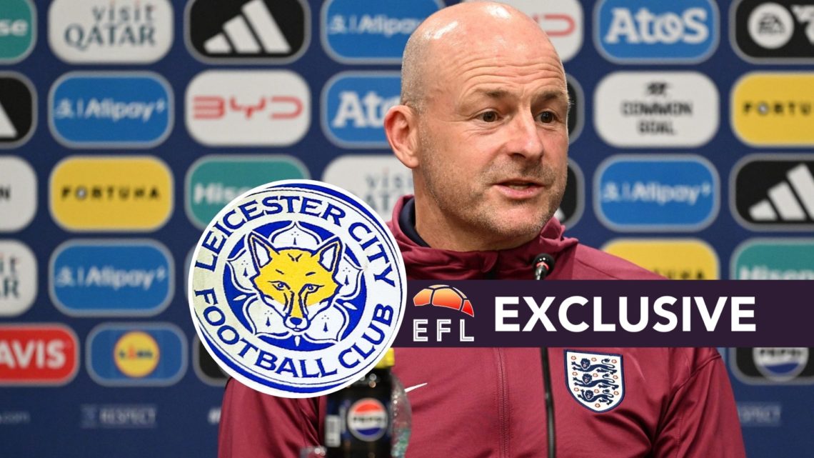 Lee Carsley answers a question during a press conference at the European Under-21 Championship, an inset of the Leicester City badge