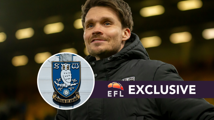 Sheffield Wednesday manager Danny Rohl. Inset, Sheffield Wednesday badge. Overlaid, exclusive branding.