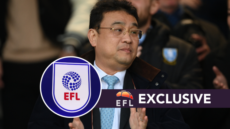 Sheffield Wednesday owner Dejphon Chansiri. Inset, EFL logo. Overlaid, exclusive branding.