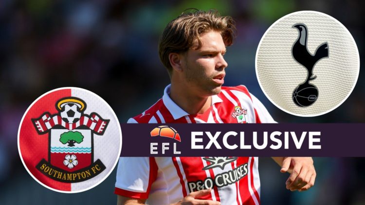 An image of Tyler Dibling with an inset of the Southampton and Tottenham badge and exclusive banner.