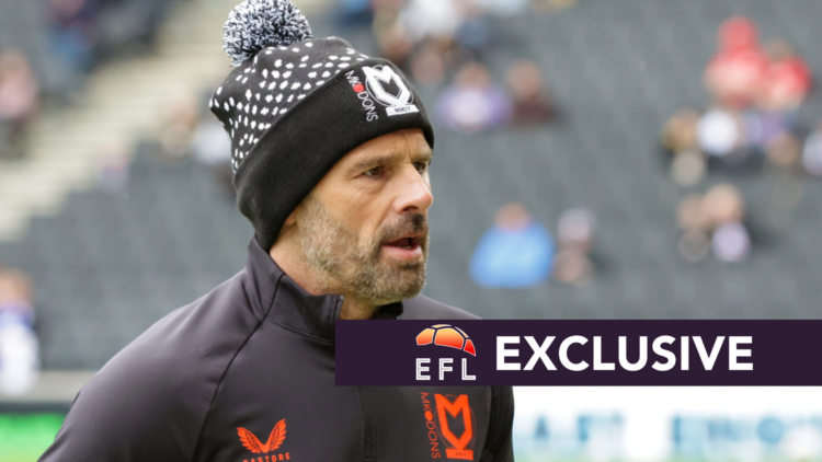 MK Dons manager Paul Warne stands before the Sky Bet League 2 match between MK Dons and Notts County at Stadium MK in Milton Keynes, England, on Ap...