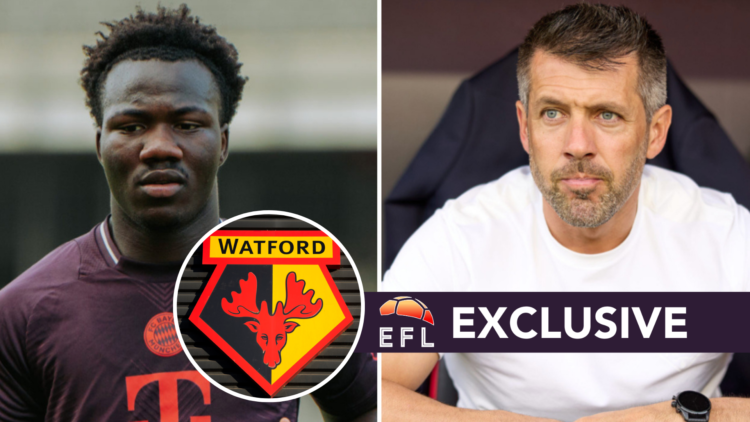 Nestroy Irankunda of FC Bayern Munich during a training session. Paulo Pezzolano Watford manager. Watford club badge prior to the Sky Bet Champions...