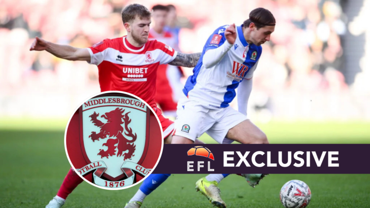Callum Brittain of Blackburn Rovers is challenged by Riley McGree of Middlesbrough during the Emirates FA Cup Third Round match between Middlesbrou...