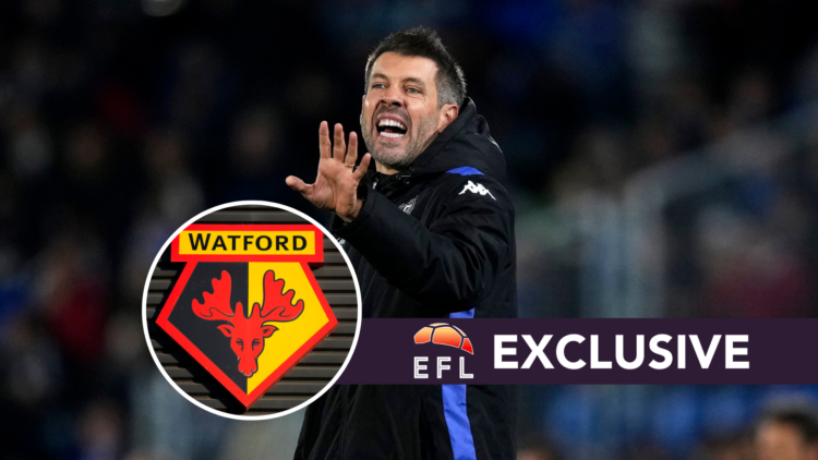Paulo Pezzolano head coach of Real Valladolid reacts during the LaLiga match between Getafe CF and Real Valladolid CF. Inset, Watford club badge pr...