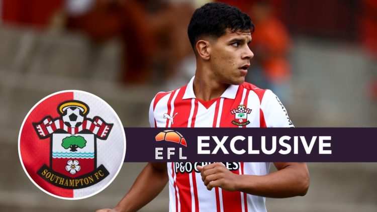 An image of Mateus Fernandes with an inset of the Southampton badge and exclusive banner.