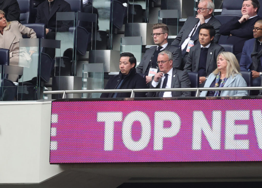 Leicester City Chairman Aiyawatt Srivaddhanaprabha with Leicester City Director of Football Jon Rudkin and Leicester City Chief Executive Officer Susan Whelan watching Tottenham vs Leicester