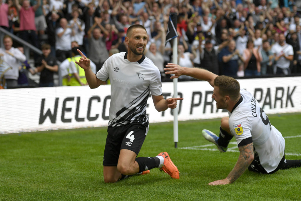 Conor Hourihane of Derby County celebrates after scoring the first goal of his team during the Sky Bet League One game between Derby County and Oxford United