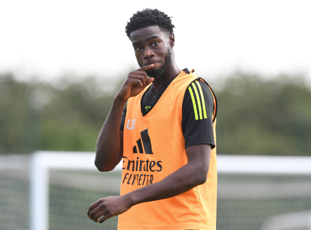 Ryan Alebiosu of Arsenal during a training session at London Colney on August 24, 2023 in St Albans, England.