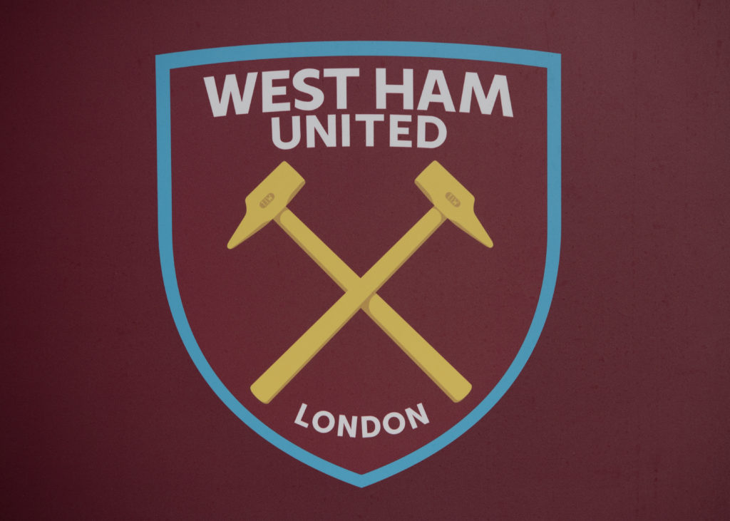 A detailed view of a West Ham crest is seen prior to the Premier League match between West Ham United and Arsenal FC