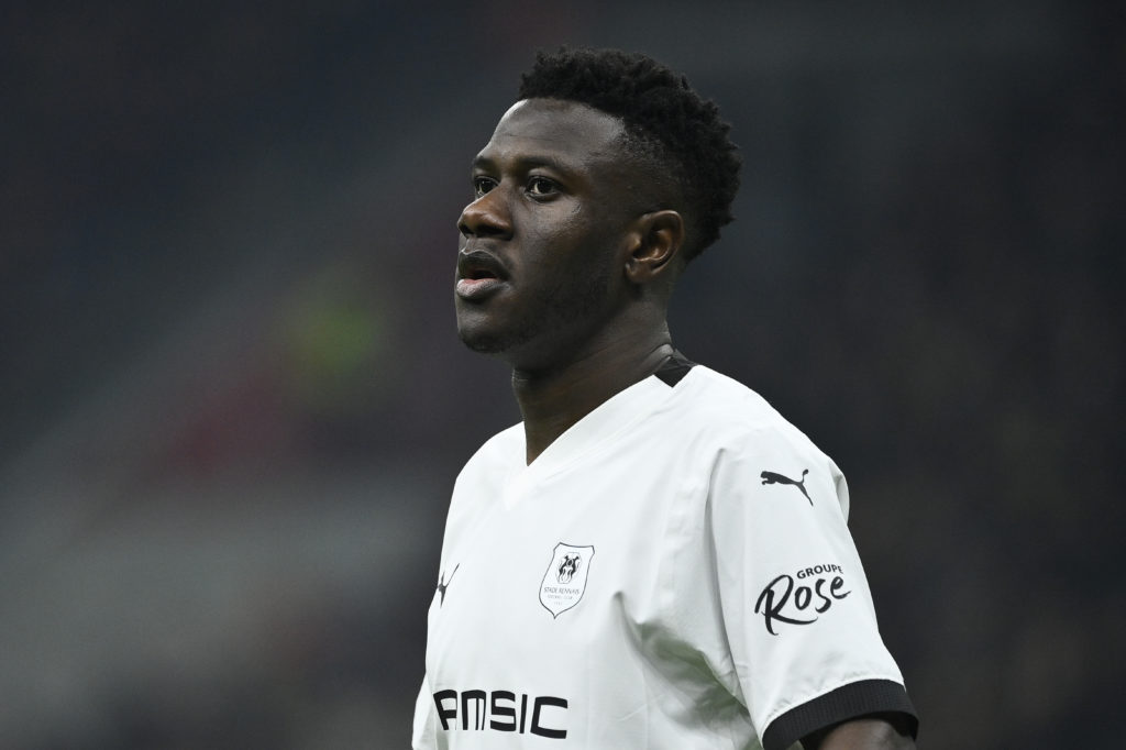 Azor Matusiwa of Rennes in action during AC Milan vs Stade Rennais FC in Knockout Round Play-offs First Leg of UEFA Europa League 2023/24