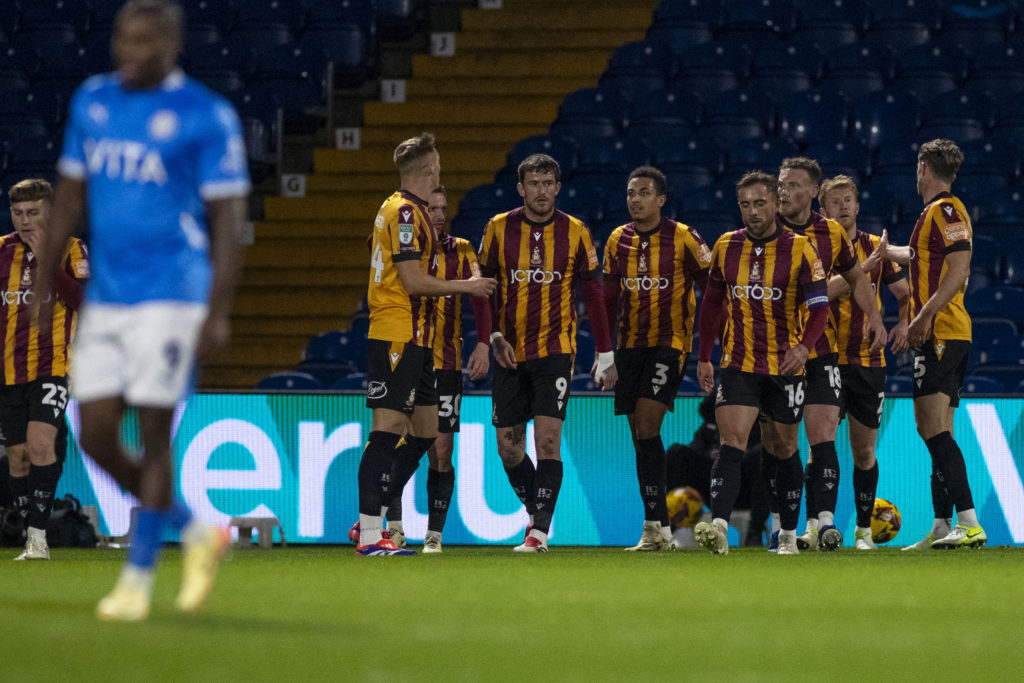 Bradford City players celebrating a goal against Stockport County