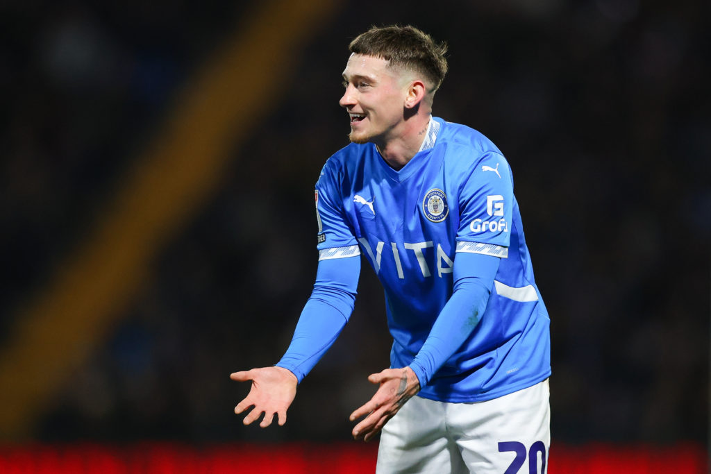 Louie Barry reacts during Stockport County's League One game against Peterborough United