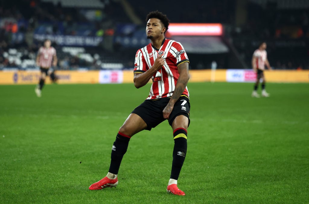 Rhian Brewster of Sheffield United celebrates after scoring his side's first goal