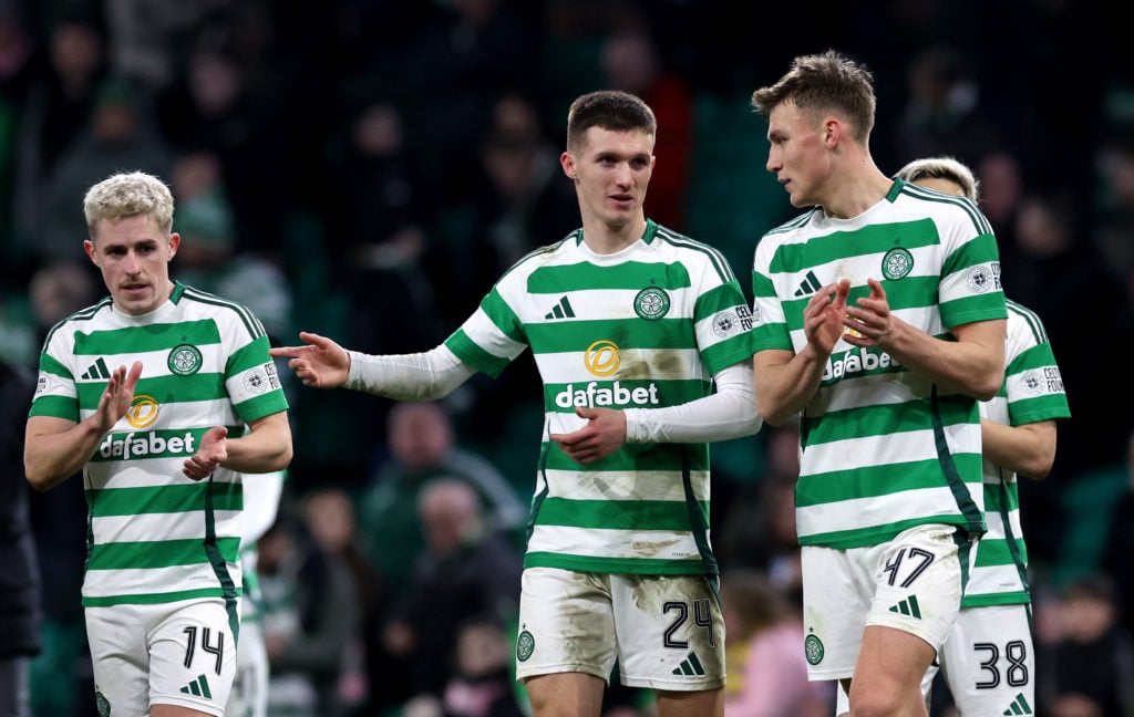 Johnny Kenny and Dane Murray celebrate Celtic's victory over Raith Rovers.