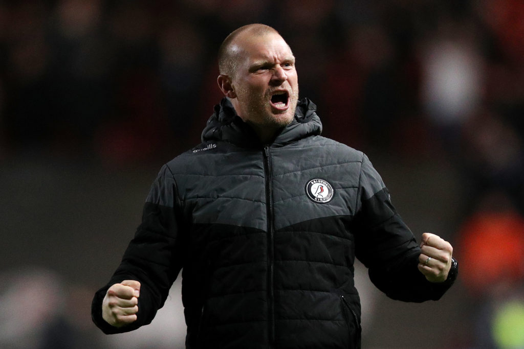 Liam Manning, Head Coach of Bristol City, celebrates victory after the Sky Bet Championship match between Bristol City FC and Middlesbrough FC at Ashton Gate on February 21, 2025 in Bristol, England.