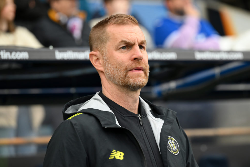 Simon Weaver manages Harrogate Town during the Sky Bet League 2 match between Chesterfield and Harrogate Town