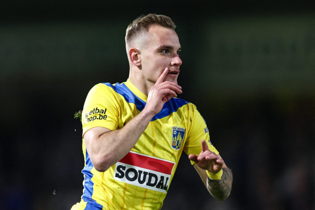 Westerlo's Matija Frigan celebrates after scoring